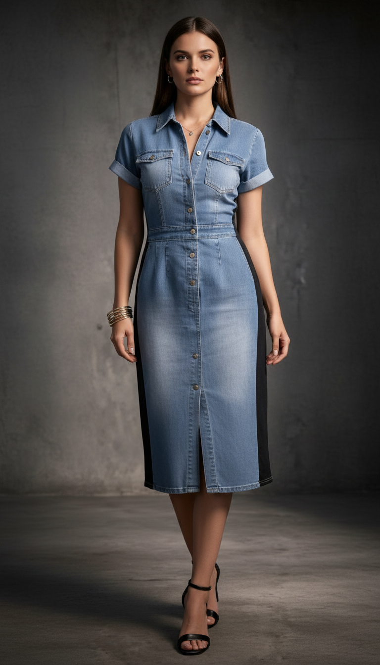 Malinaltepec™ Vestido Midi de Mezclilla Entallado con Rayas Laterales