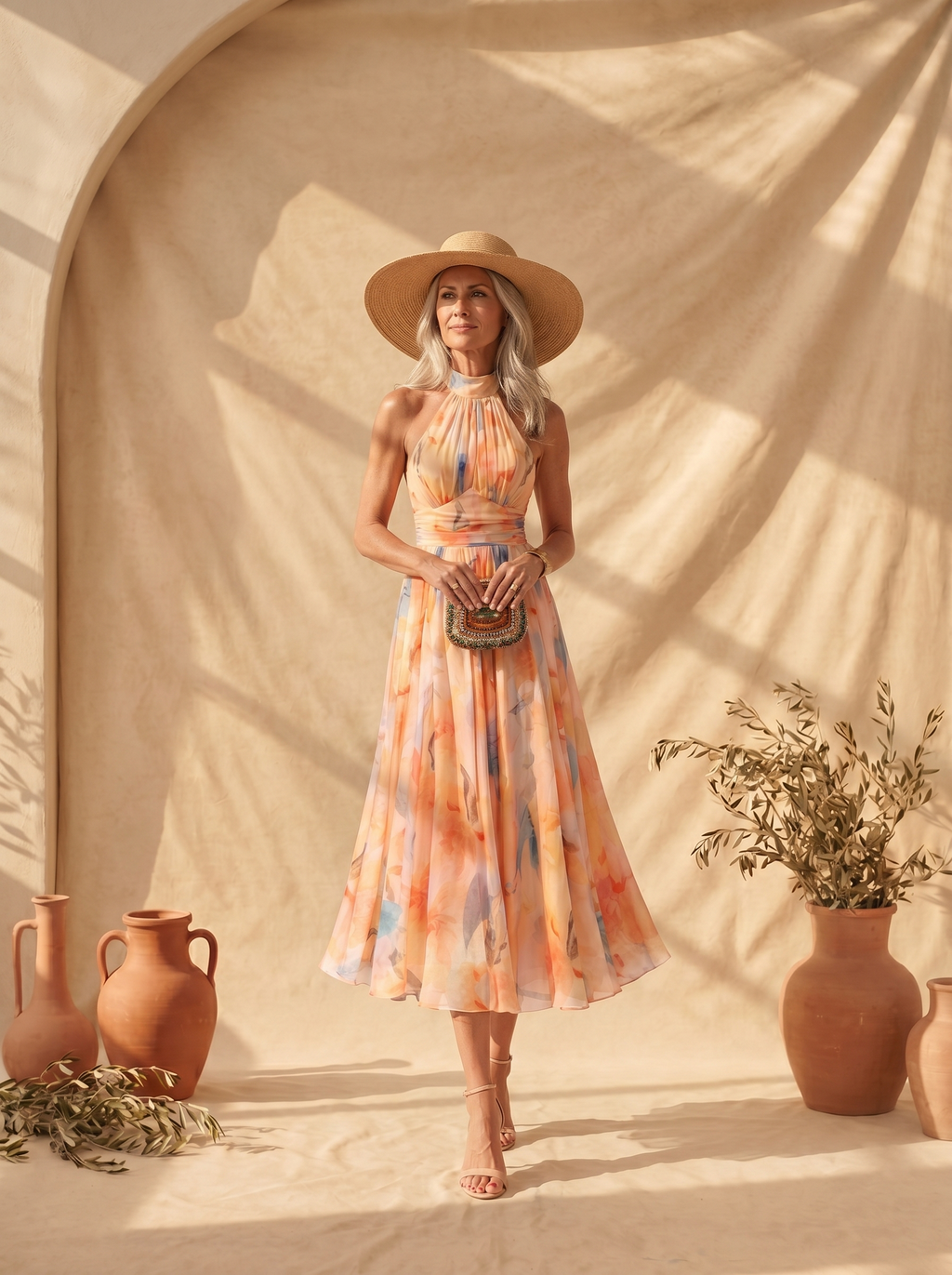 Ladislaa | Vestido con Cuello Halter y Estampado Acuarela