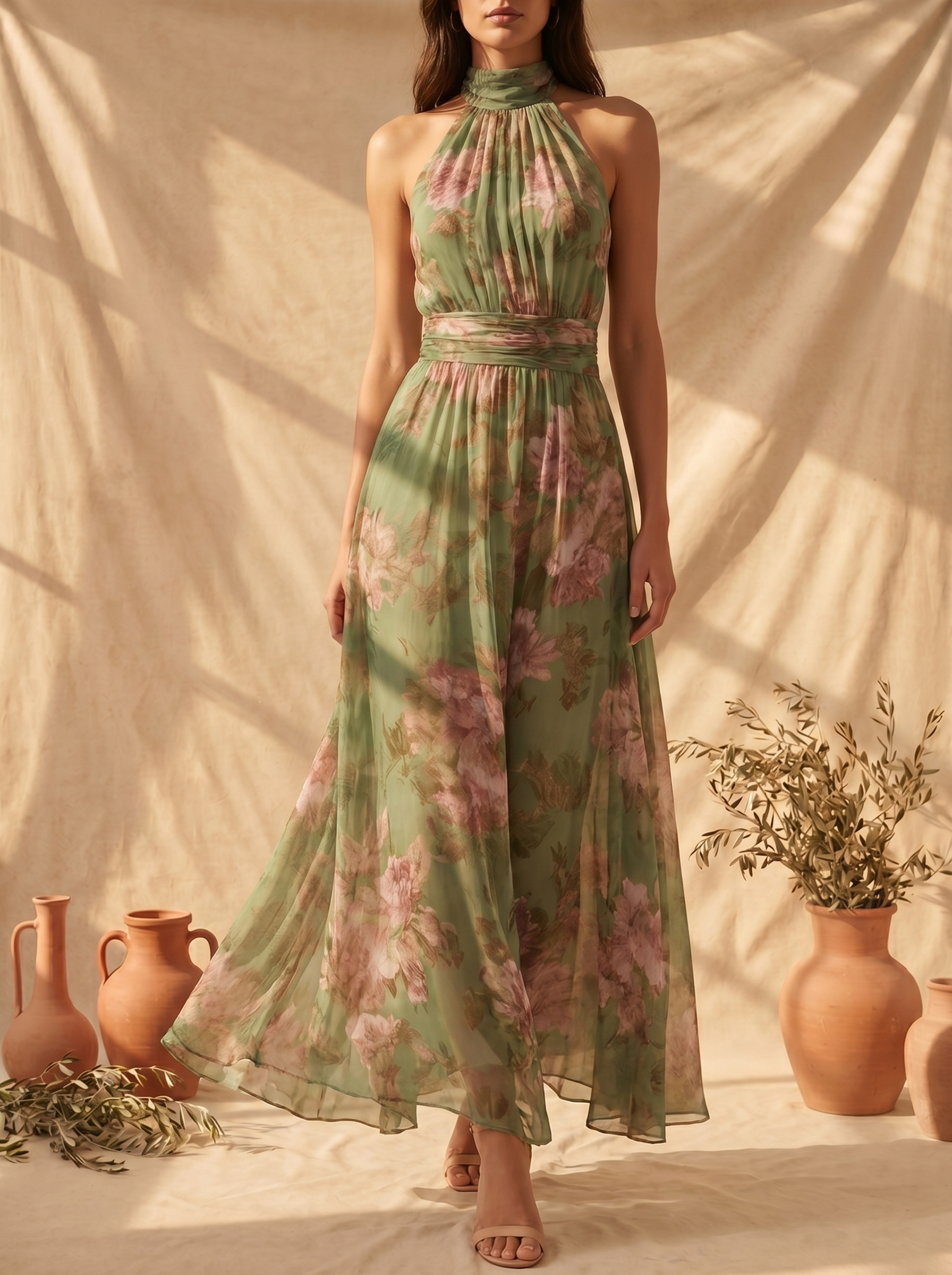 Hortelana | Vestido Largo Floral con Cuello Halter
