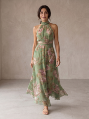 Hortelana | Vestido Largo Floral con Cuello Halter