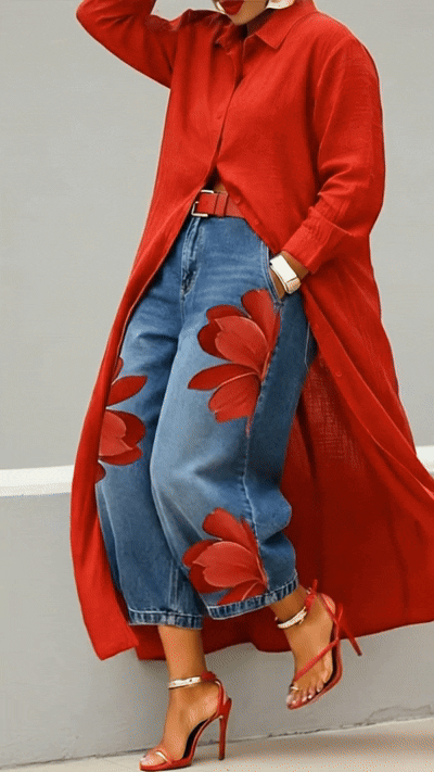 Erendira™ Conjunto de Vestido Camisero Rojo y Jeans Anchos Florales