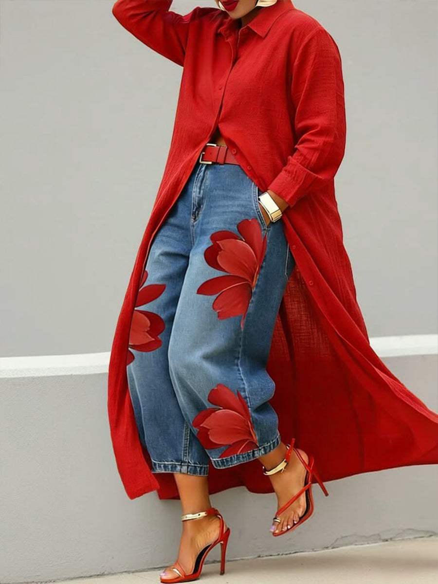 Erendira™ Conjunto de Vestido Camisero Rojo y Jeans Anchos Florales
