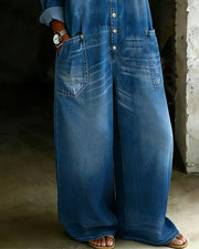 Chalchiuitl™ Jumpsuit de Mezclilla con Hombros Descubiertos y Pantalón Acampanado