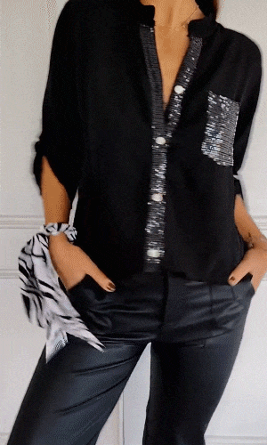 Karla™ Blusa Negra con Detalles Brillantes, Corte Fluido