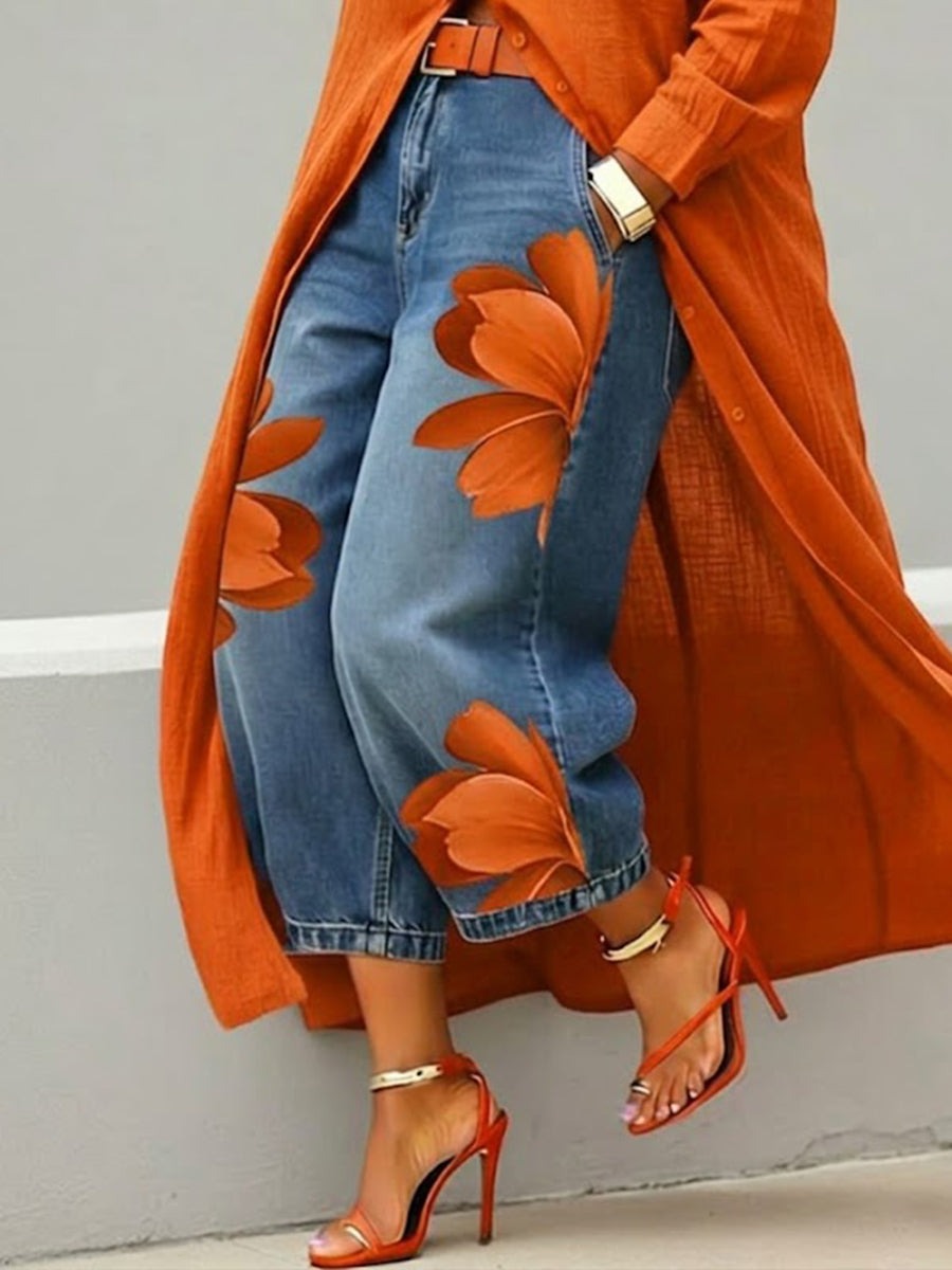 Erendira™ Conjunto de Vestido Camisero Rojo y Jeans Anchos Florales