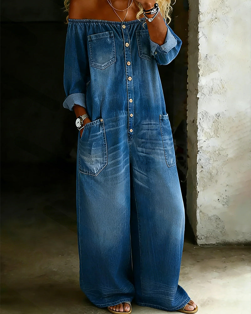 Chalchiuitl™ Jumpsuit de Mezclilla con Hombros Descubiertos y Pantalón Acampanado