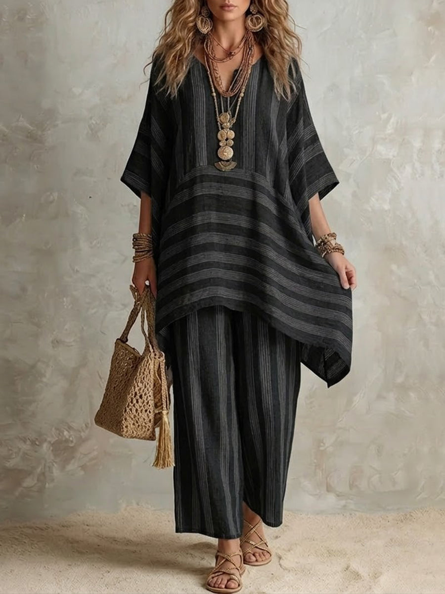 Ofelina™ Conjunto Boho de Lino a Rayas para Mujer, Corte Oversize