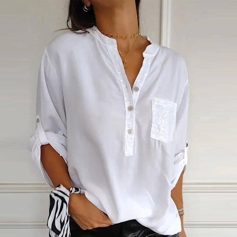 Karla™ Blusa Negra con Detalles Brillantes, Corte Fluido