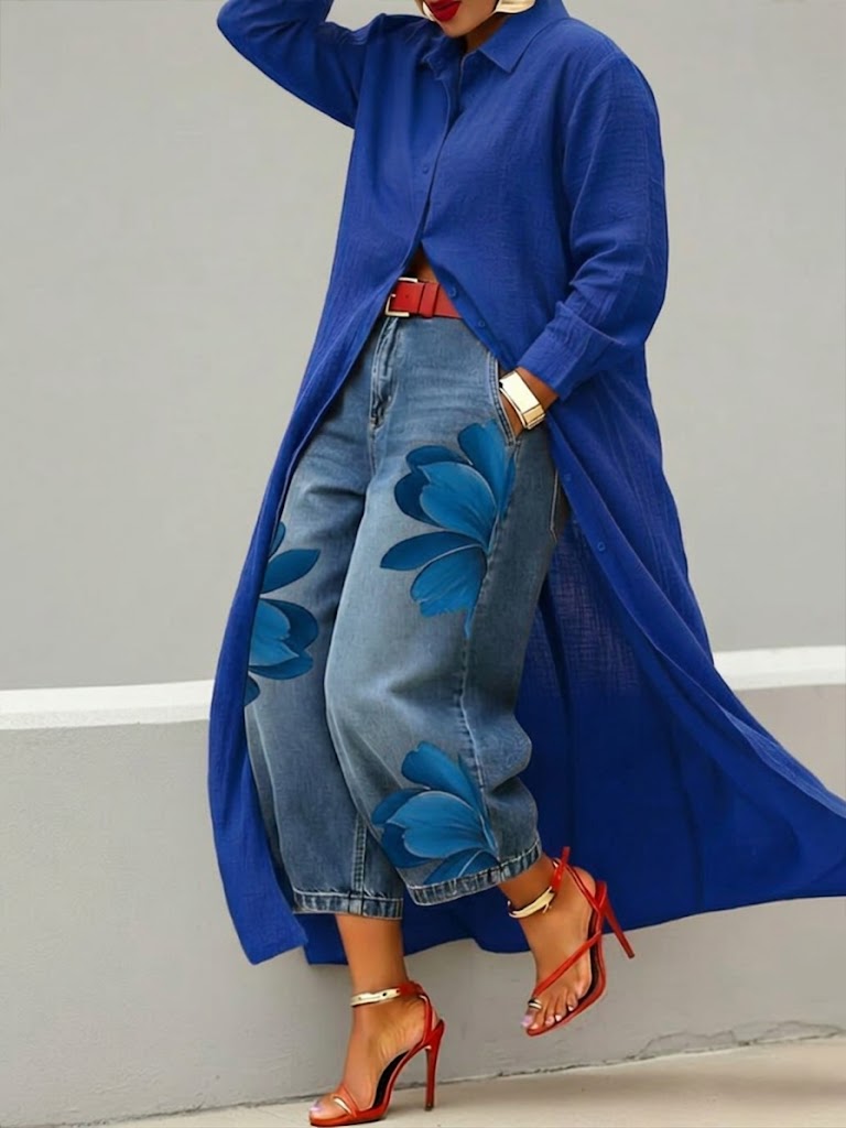 Erendira™ Conjunto de Vestido Camisero Rojo y Jeans Anchos Florales