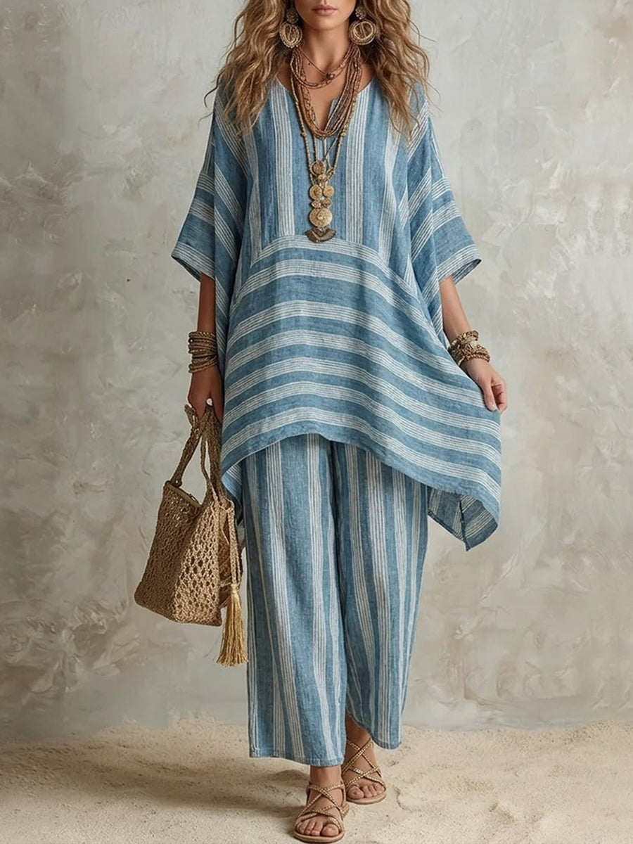 Ofelina™ Conjunto Boho de Lino a Rayas para Mujer, Corte Oversize