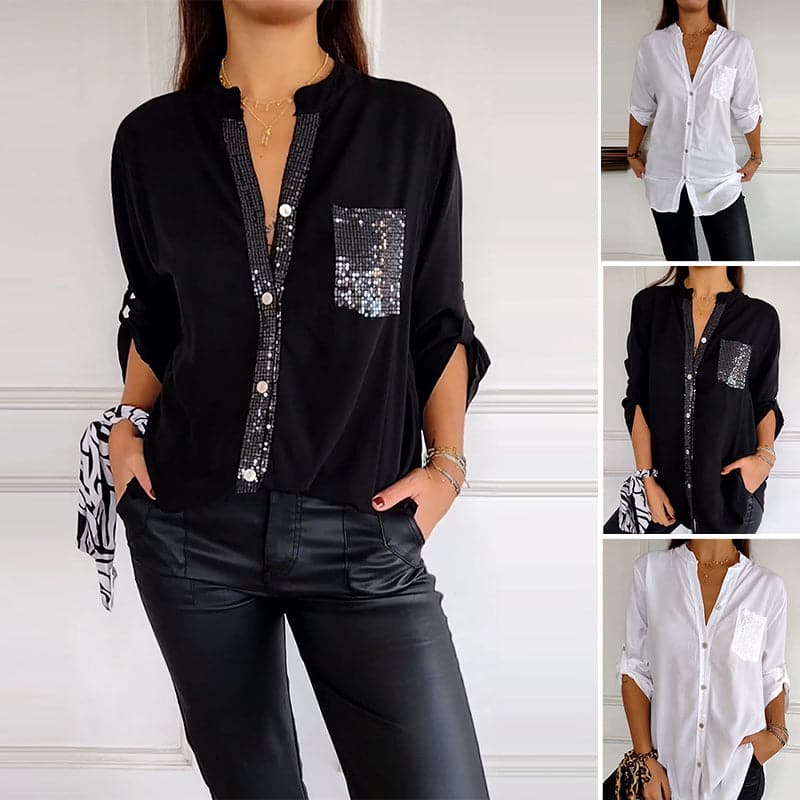 Karla™ Blusa Negra con Detalles Brillantes, Corte Fluido