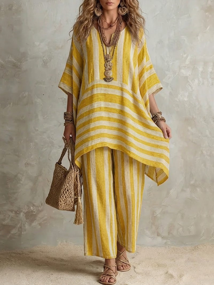 Ofelina™ Conjunto Boho de Lino a Rayas para Mujer, Corte Oversize