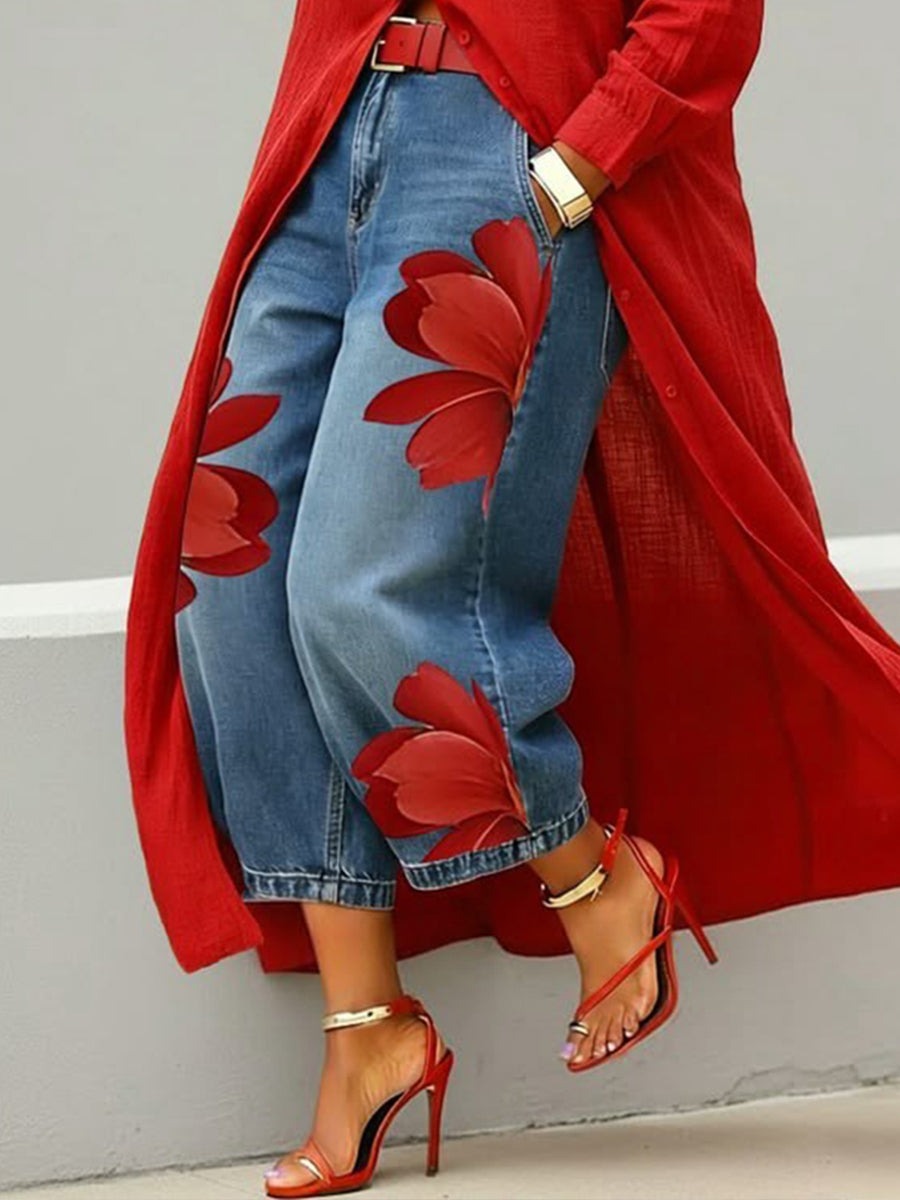 Erendira™ Conjunto de Vestido Camisero Rojo y Jeans Anchos Florales