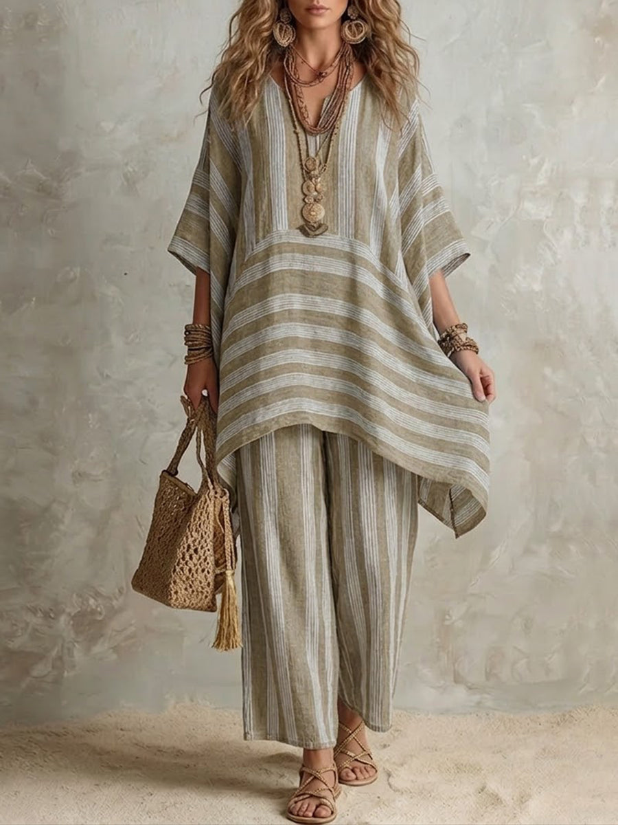 Ofelina™ Conjunto Boho de Lino a Rayas para Mujer, Corte Oversize