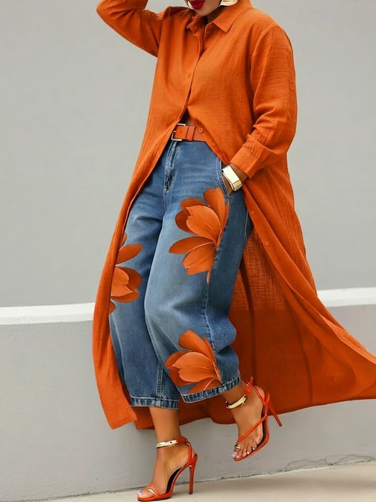 Vianca™ Conjunto de Vestido Camisero Rojo y Jeans Anchos Florales