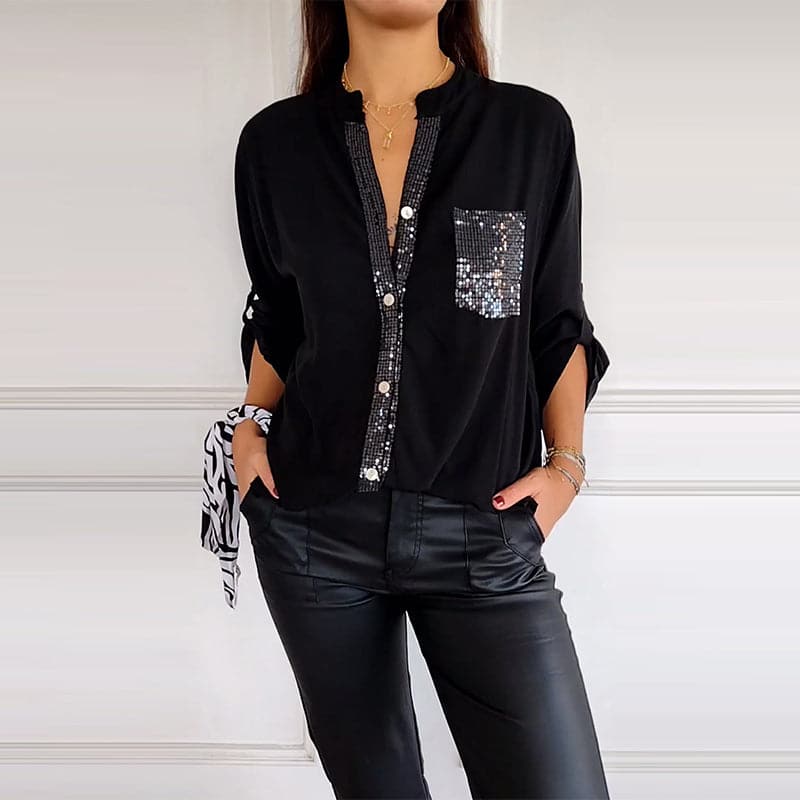 Karla™ Blusa Negra con Detalles Brillantes, Corte Fluido