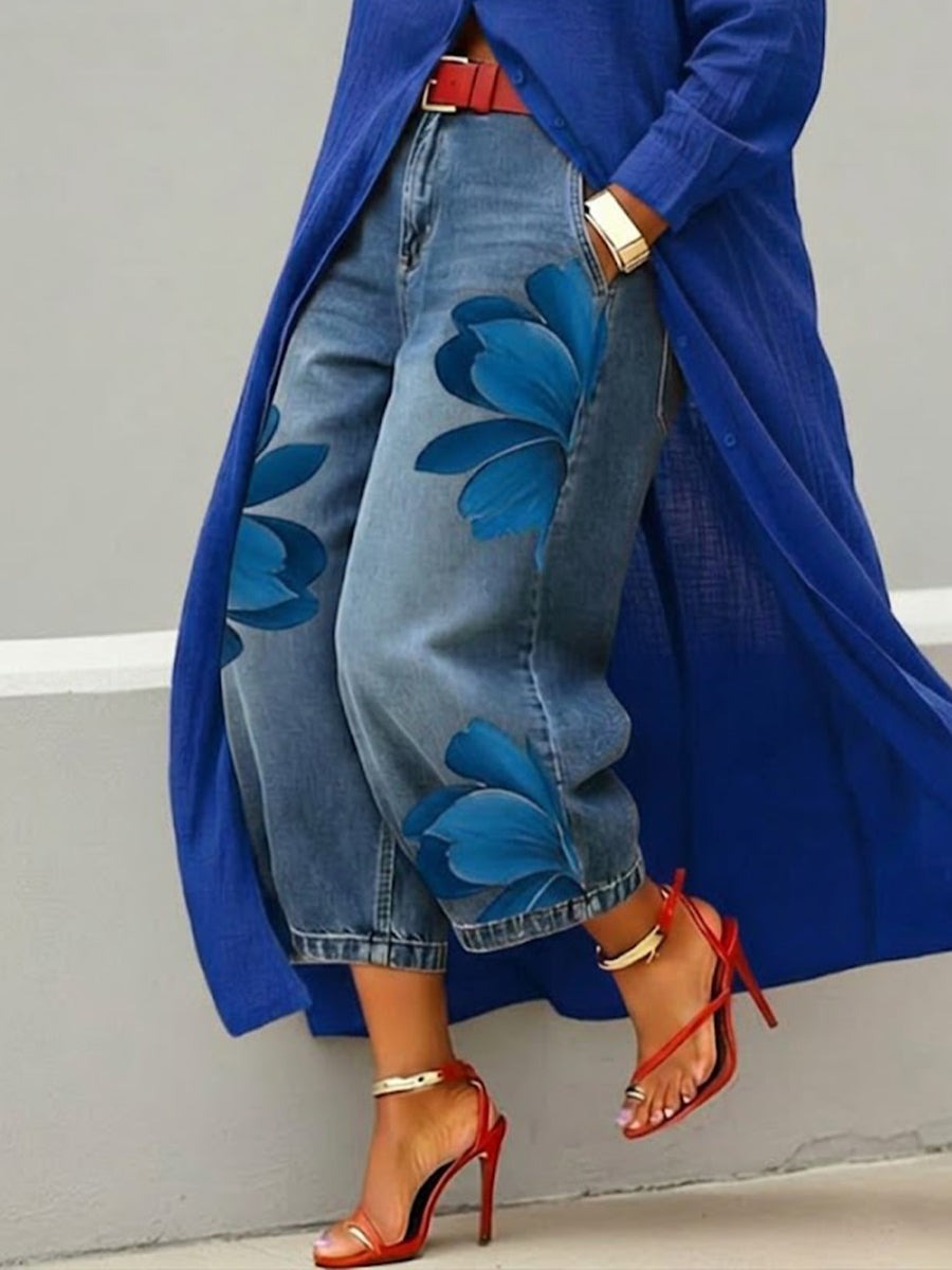 Vianca™ Conjunto de Vestido Camisero Rojo y Jeans Anchos Florales