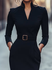 Tapalpa™ Vestido Negro Elegante con Cinturón y Corte Fluido