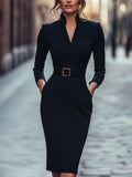 Tapalpa™ Vestido Negro Elegante con Cinturón y Corte Fluido