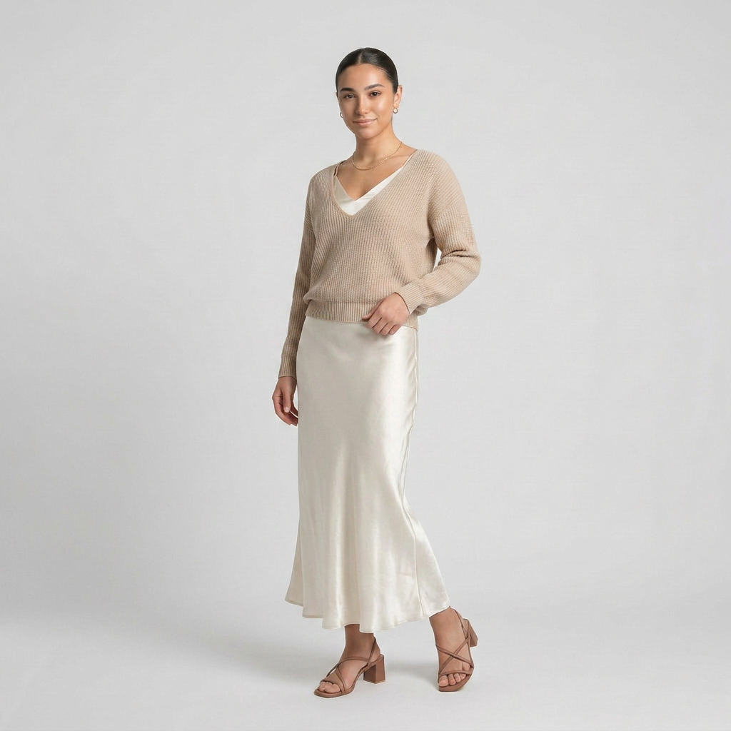 Belinda™ Conjunto Midi de Satín con Suéter de Punto Elegante
