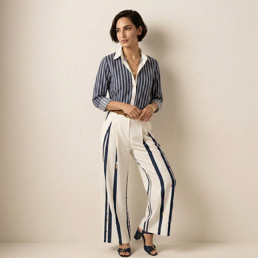 Chiapas™ Conjunto Rayado para Mujer con Camisa y Pantalón Ancho