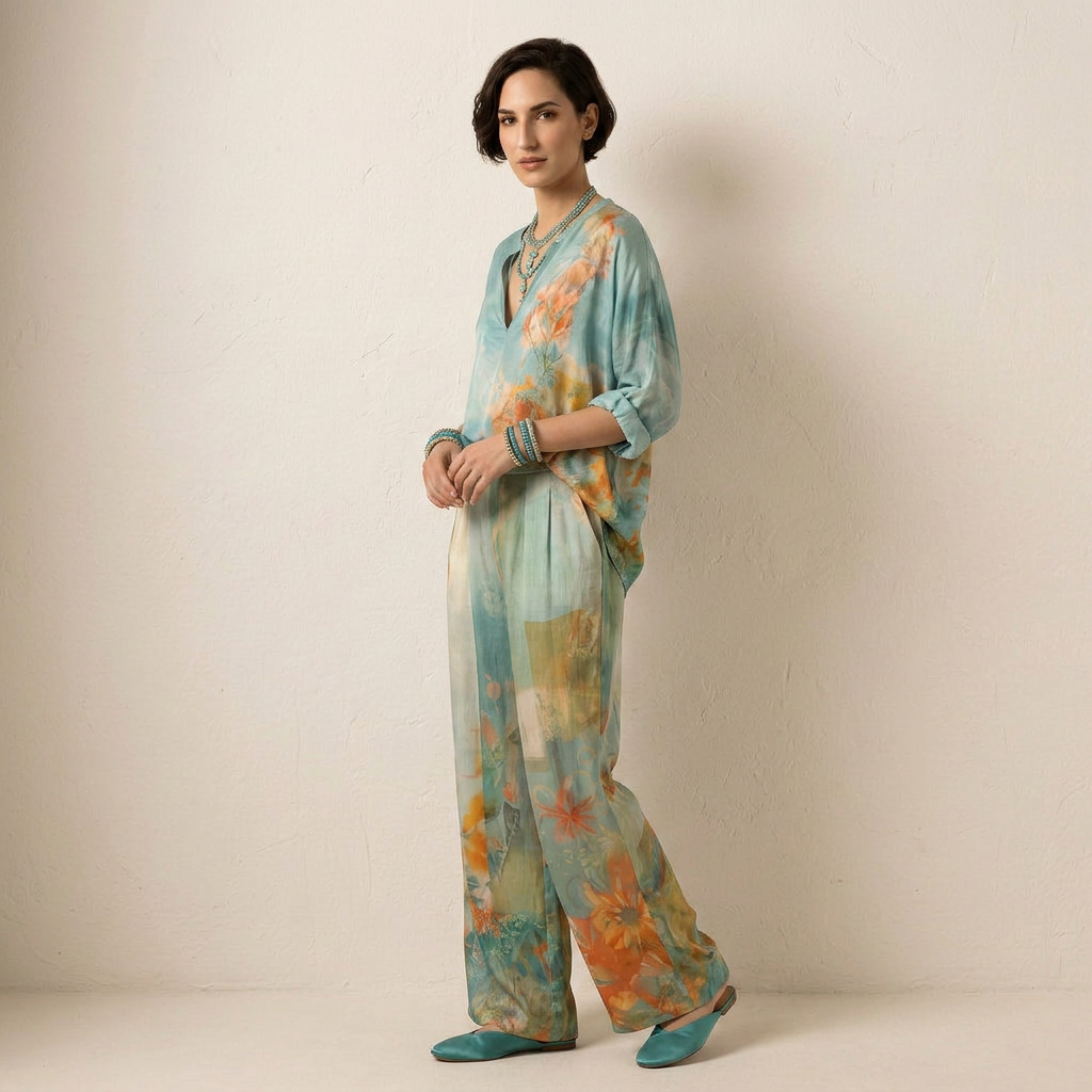 Amaranta — Conjunto elegante estampado floral con pantalón ancho