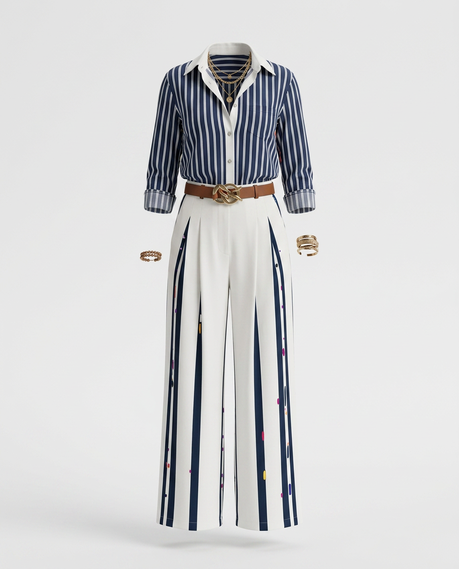 Chiapas™ Conjunto Rayado para Mujer con Camisa y Pantalón Ancho
