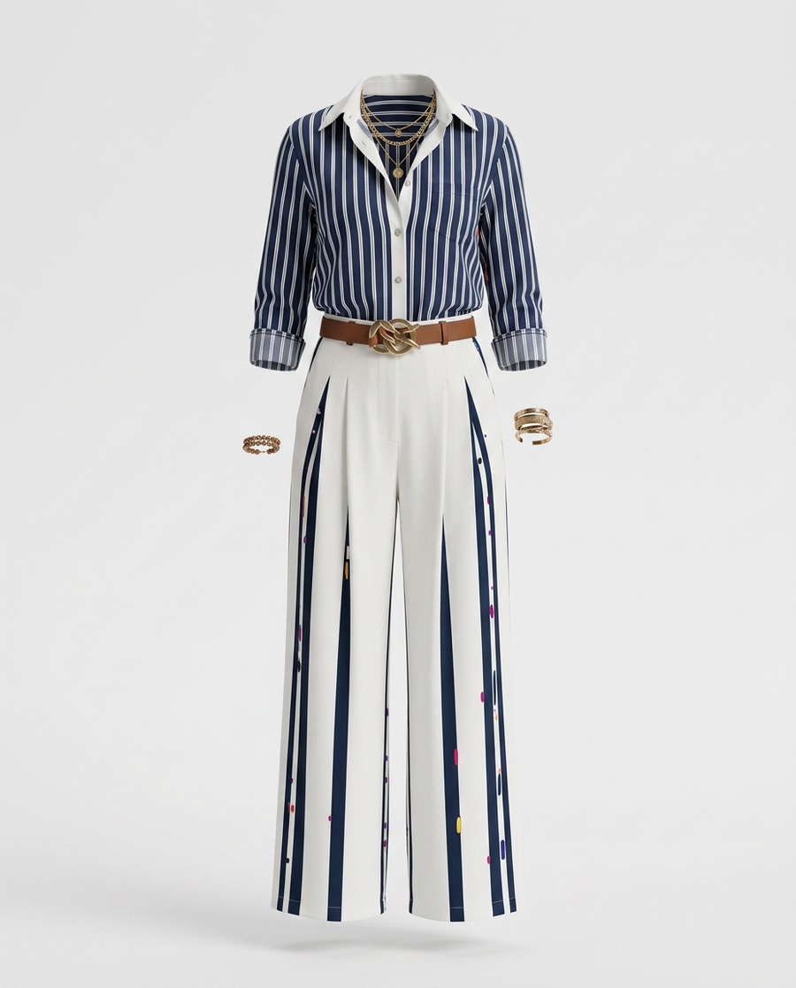 Chiapas™ Conjunto Rayado para Mujer con Camisa y Pantalón Ancho