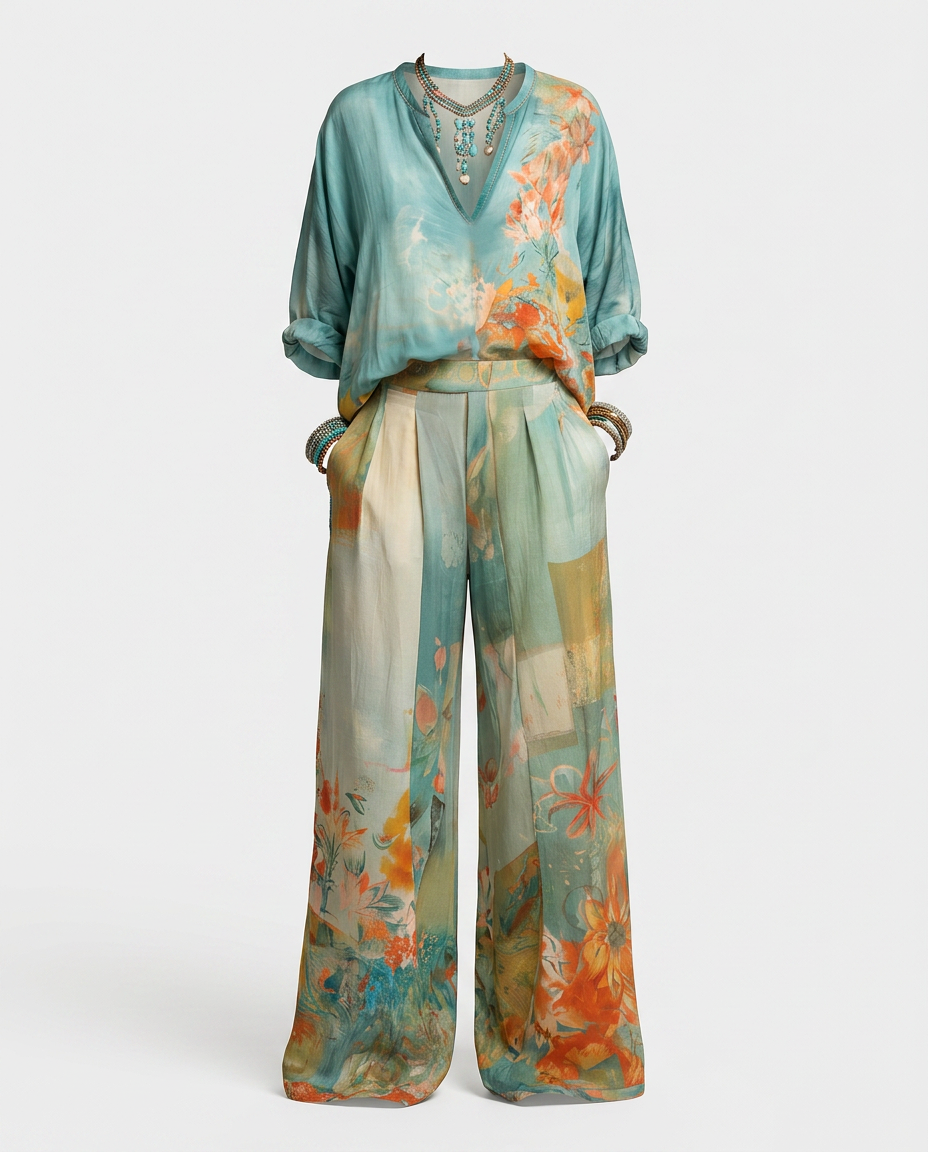 Amaranta — Conjunto elegante estampado floral con pantalón ancho