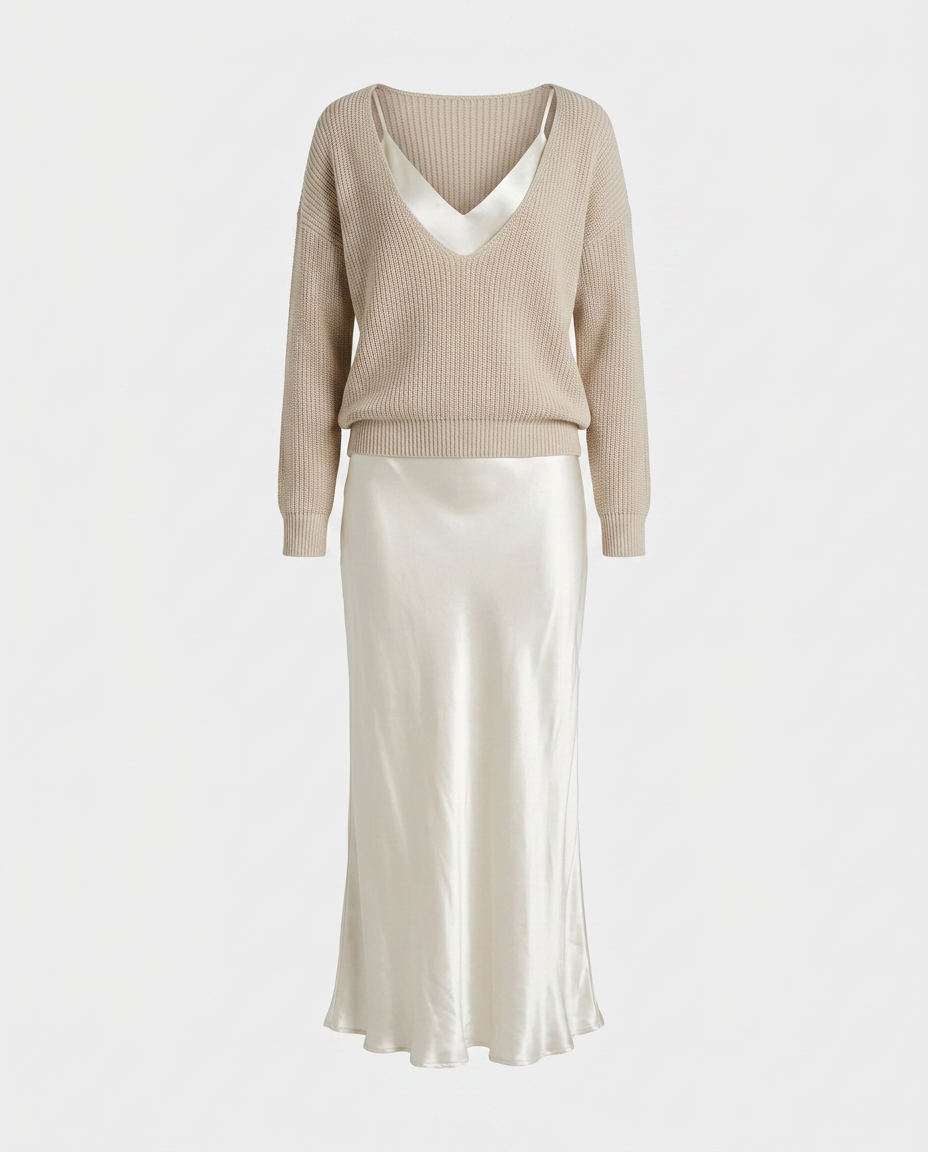 Belinda™ Conjunto Midi de Satín con Suéter de Punto Elegante