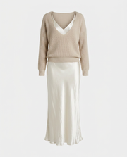 Belinda™ Conjunto Midi de Satín con Suéter de Punto Elegante