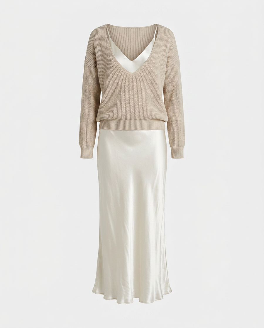 Belinda™ Conjunto Midi de Satín con Suéter de Punto Elegante