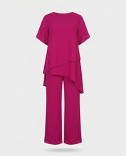 Conjunto Asimétrico Enriqueta con Blusa Larga y Pantalón de Pierna Ancha
