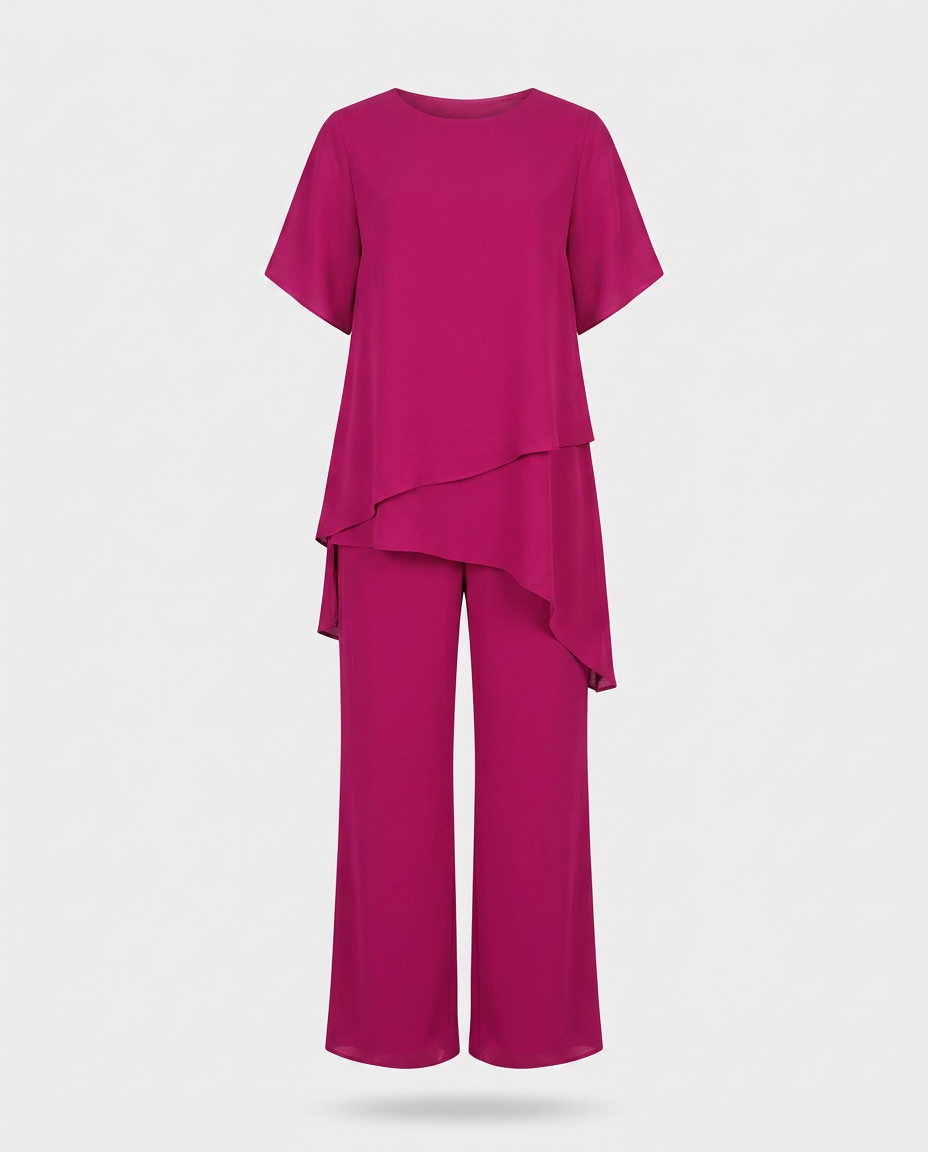 Conjunto Asimétrico Enriqueta con Blusa Larga y Pantalón de Pierna Ancha