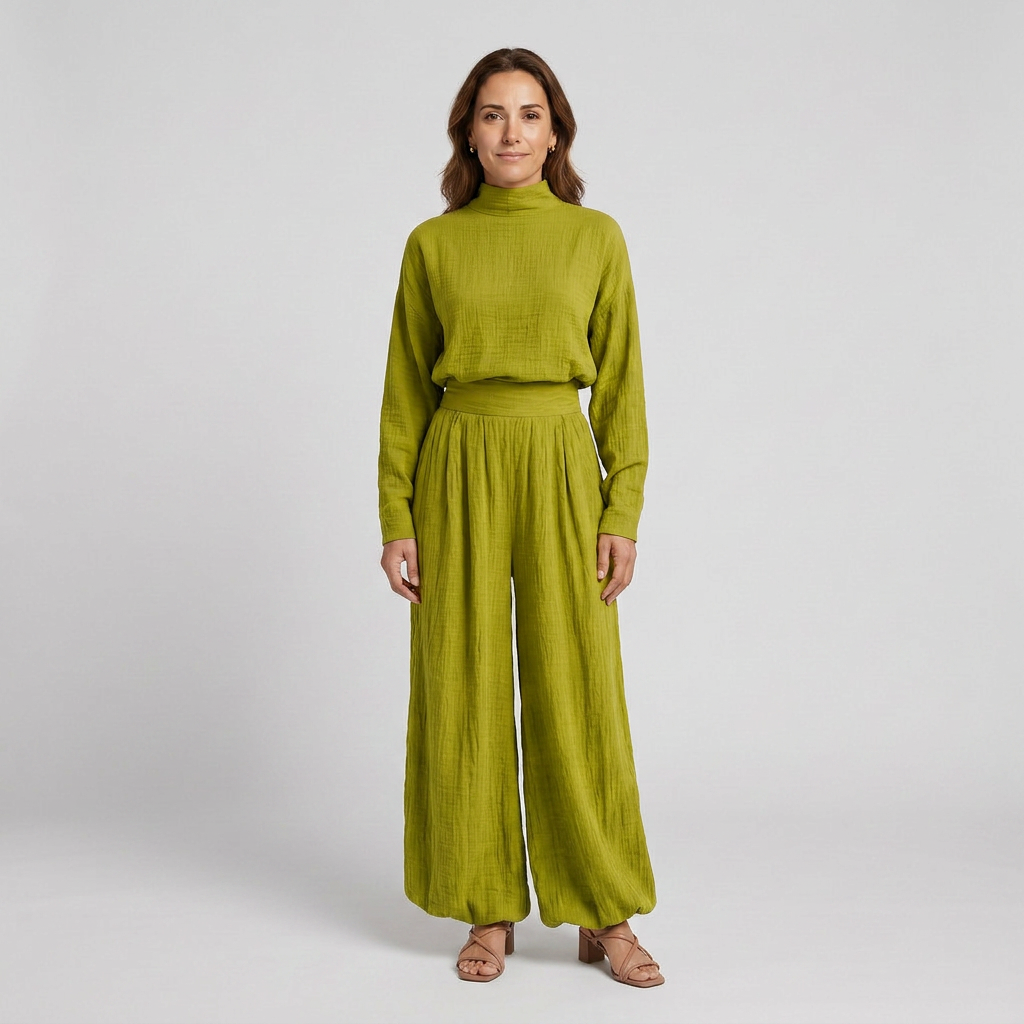 Mitla™ Conjunto Verde para Mujer en Algodón y Lino con Pantalón Ancho