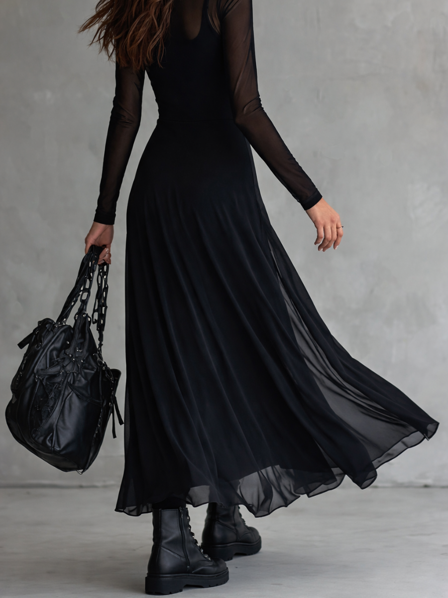 Filomena™ Vestido Maxi Vintage de Tul Negro con Mangas Semitransparentes