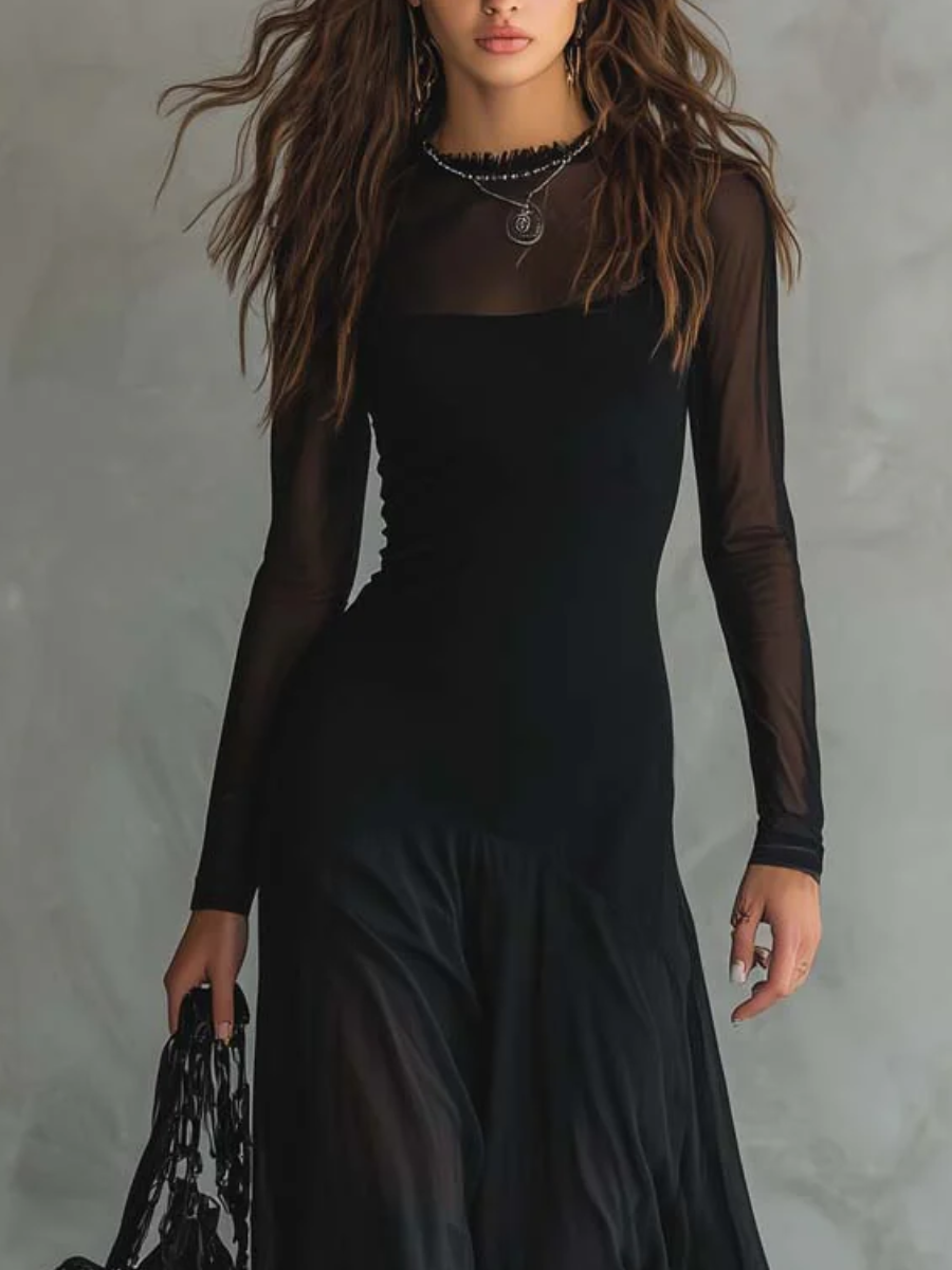 Filomena™ Vestido Maxi Vintage de Tul Negro con Mangas Semitransparentes