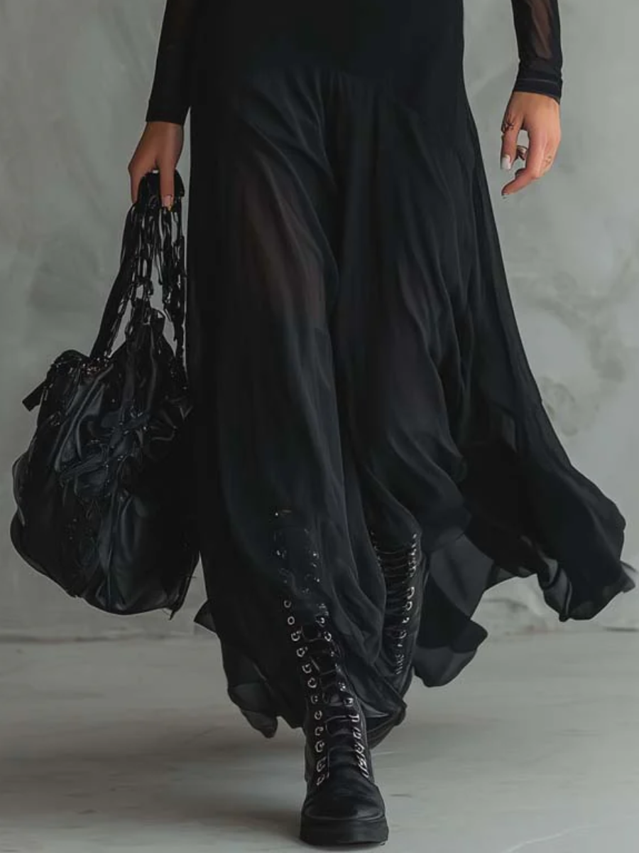 Filomena™ Vestido Maxi Vintage de Tul Negro con Mangas Semitransparentes