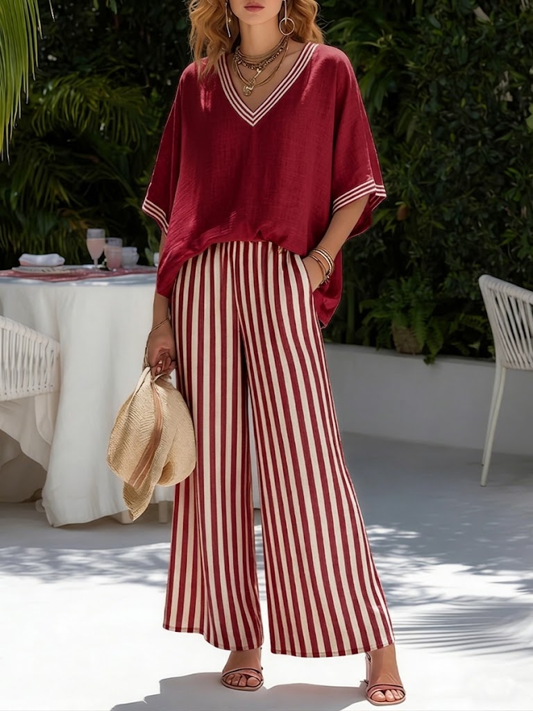 Aidee™ Conjunto Dúo de Lino a Rayas para Mujer, Ajuste Relajado
