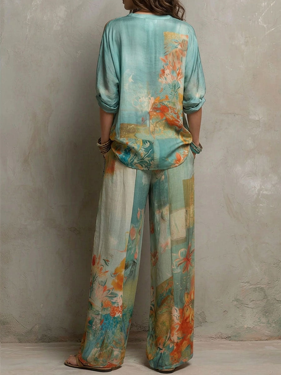 Amaranta — Conjunto elegante estampado floral con pantalón ancho
