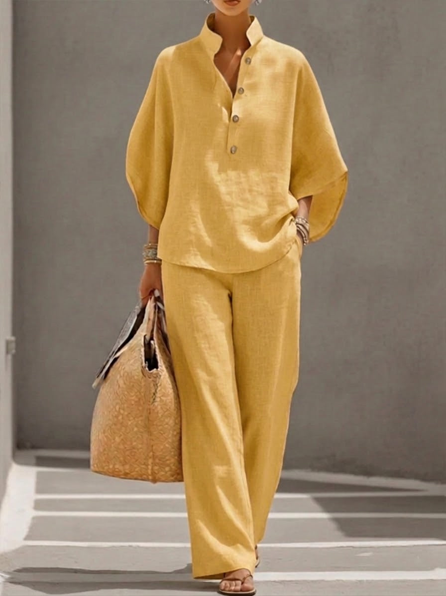 Serafina™ Conjunto de Lino para Mujer con Mangas Murciélago y Pantalón Ancho