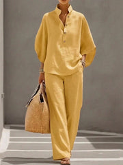 Ismelda | Conjunto de Lino con Mangas Murciélago y Pantalón Ancho