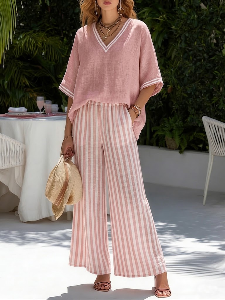 Aidee™ Conjunto Dúo de Lino a Rayas para Mujer, Ajuste Relajado