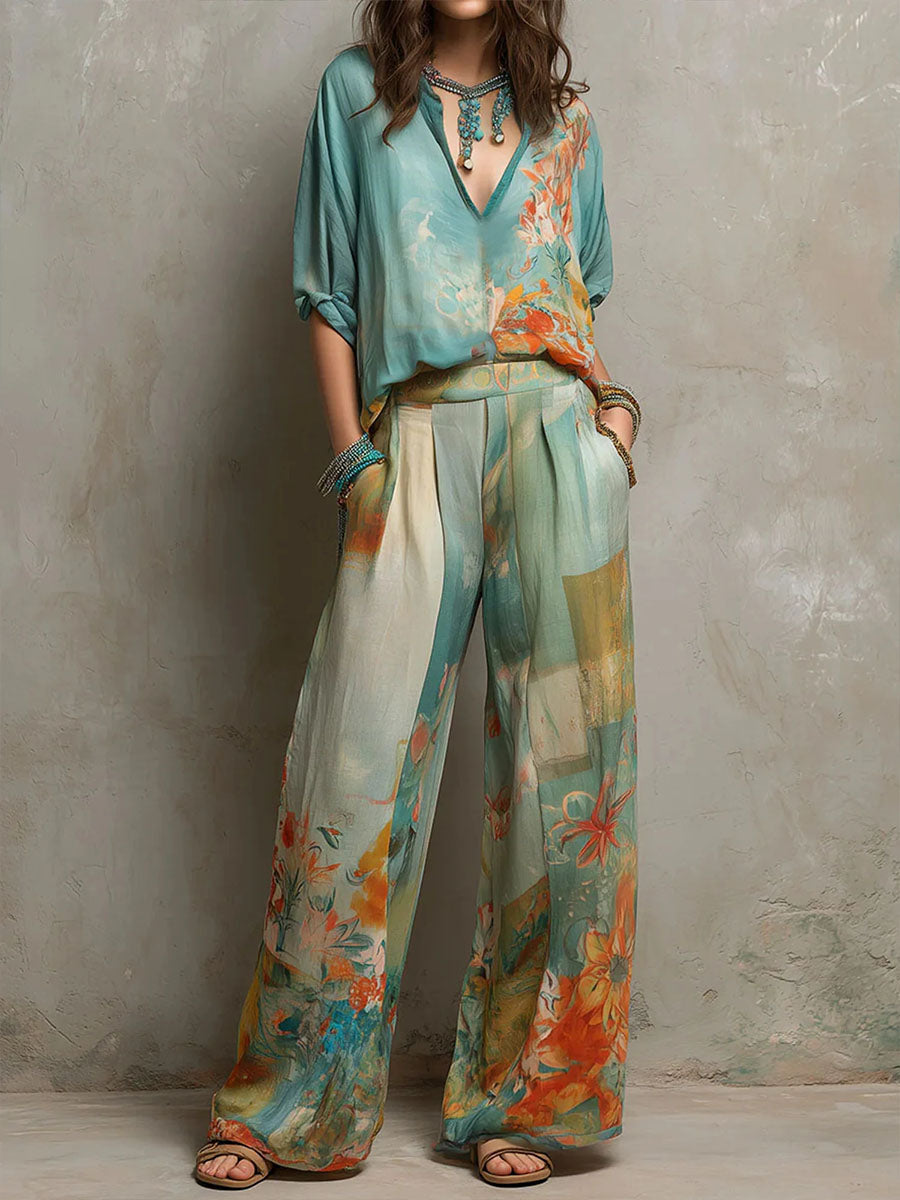 Amaranta — Conjunto elegante estampado floral con pantalón ancho