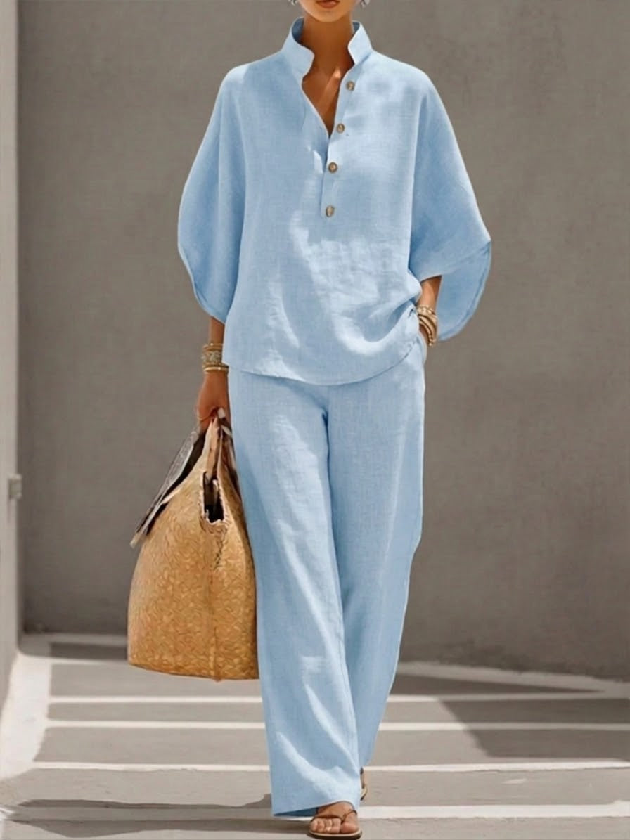 Serafina™ Conjunto de Lino para Mujer con Mangas Murciélago y Pantalón Ancho