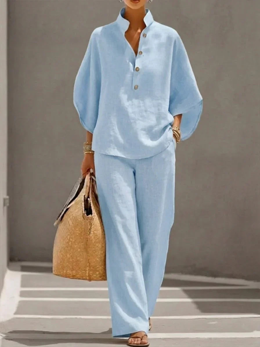 Ismelda | Conjunto de Lino con Mangas Murciélago y Pantalón Ancho
