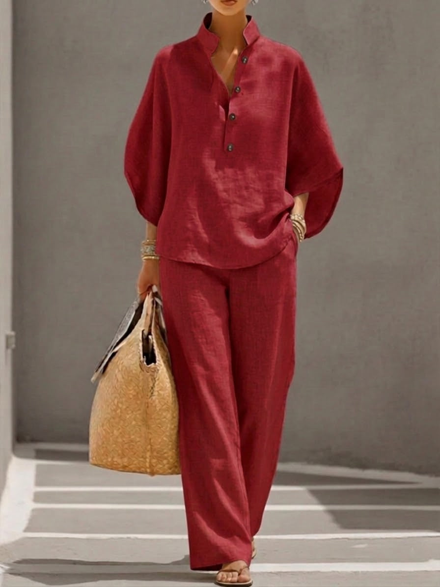 Serafina™ Conjunto de Lino para Mujer con Mangas Murciélago y Pantalón Ancho