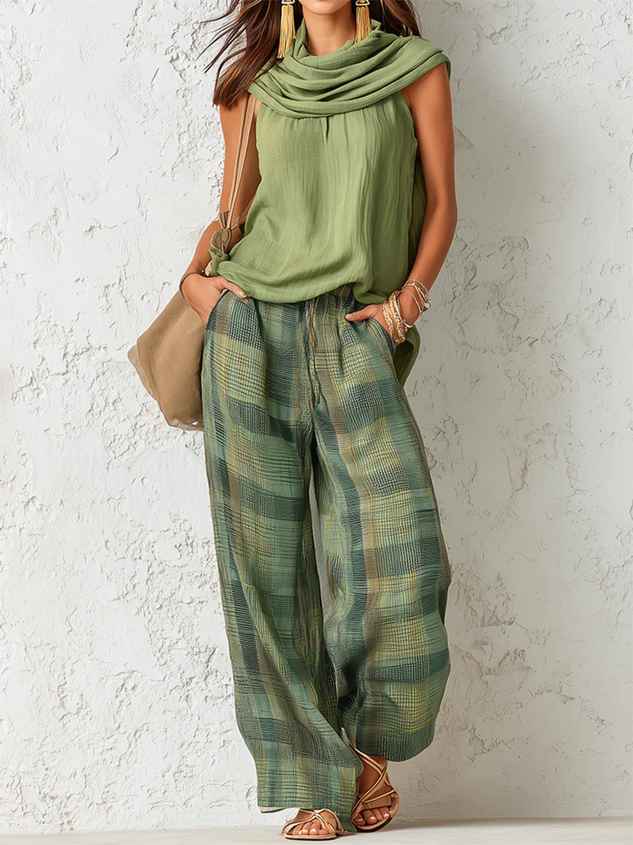 Conjunto Boho Mujer Blusa Drapeada y Pantalón Ancho