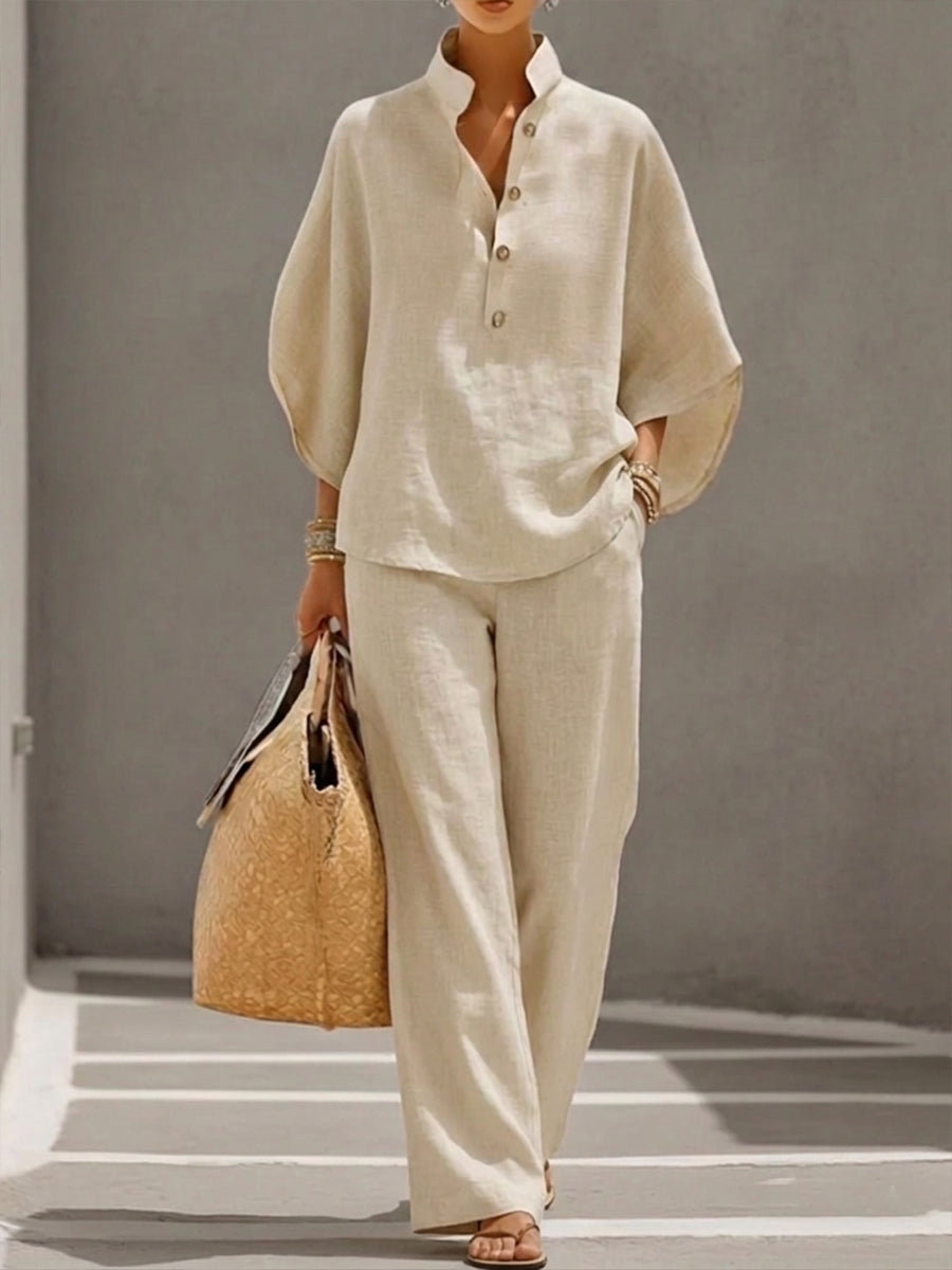 Serafina™ Conjunto de Lino para Mujer con Mangas Murciélago y Pantalón Ancho