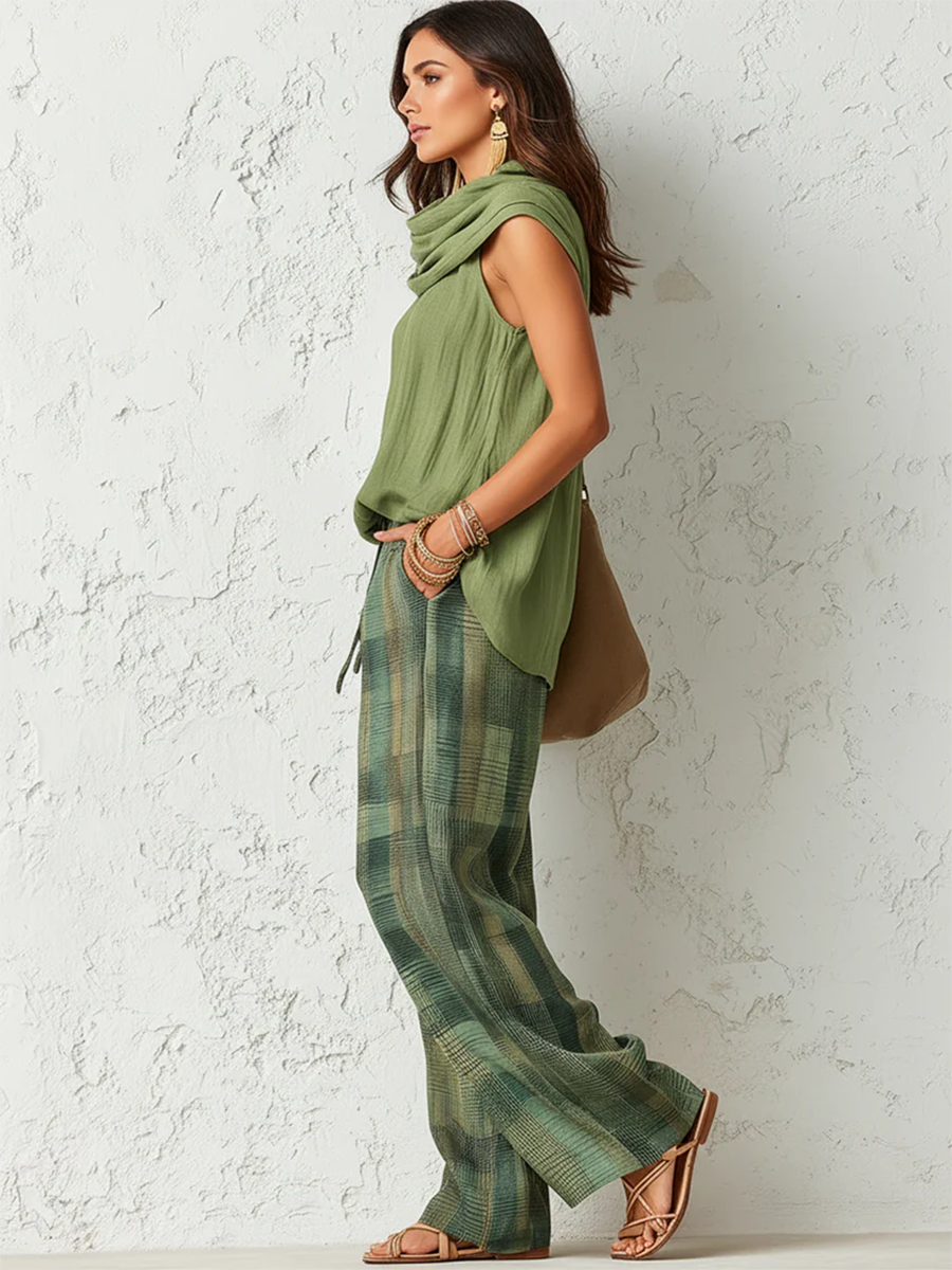 Conjunto Boho Mujer Blusa Drapeada y Pantalón Ancho